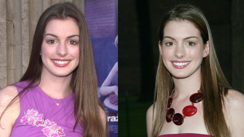 Imagen dividida de Anne Hathaway con un top rosa en 2001 a la izquierda y un collar grueso en 2002 a la derecha.