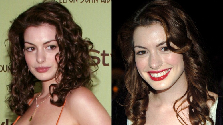Imagen dividida de Anne Hathaway con cabello rizado en 2003 a la derecha y sonriendo en una fiesta a la derecha.