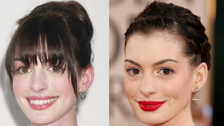 Imagen dividida de Anne Hathaway con flequillo en los Premios Tony 2005 a la izquierda y con labios rojos y un recogido en los Globos de Oro 2006 a la derecha.