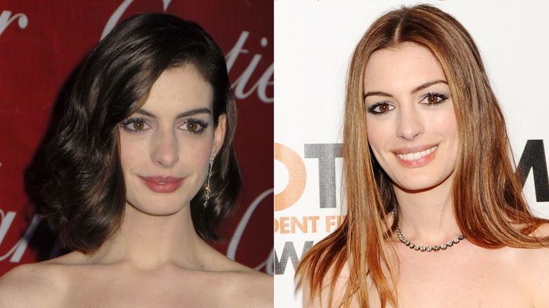 Imagen dividida de Anne Hathaway en una alfombra roja en 2008 a la derecha y con cabello castaño rojizo en 2010 a la derecha.