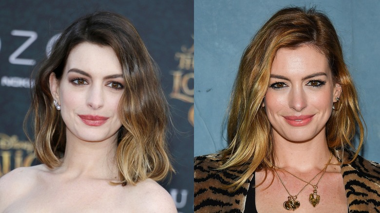 Imagen dividida de Anne Hathaway en una alfombra roja en 2016 a la izquierda y con una chaqueta con estampado de tigre a la derecha.