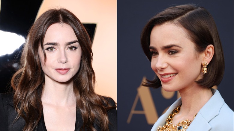 Lily Collins en el desfile de otoño/invierno de ropa femenina de Saint Laurent durante la Semana de la Moda de París en febrero de 2024 / Lily Collins en el estreno de 