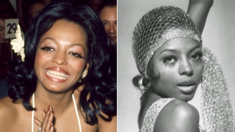 Diana Ross con una flor en el pelo en 1973 y con un cubrepelo de rejilla en 1982.