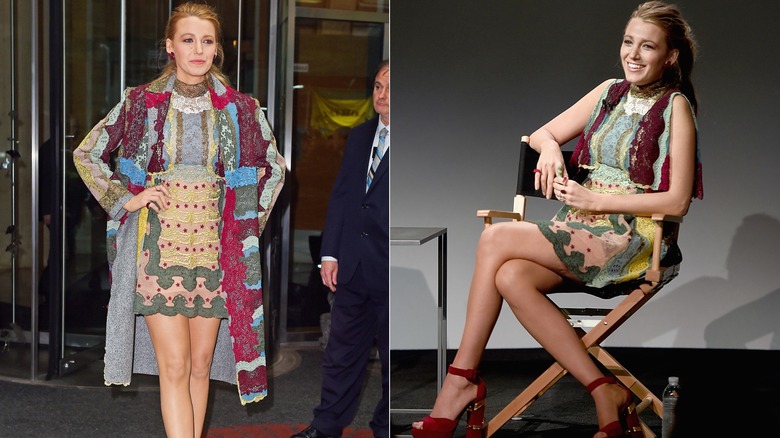 Blake Lively con un colorido vestido y abrigo de paisley en 2015