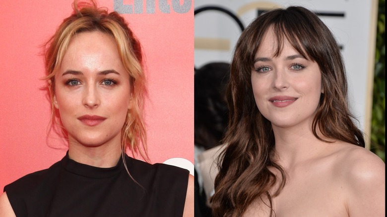 Imagen dividida de Dakota Johnson como rubia a la izquierda y morena con flequillo a la derecha.
