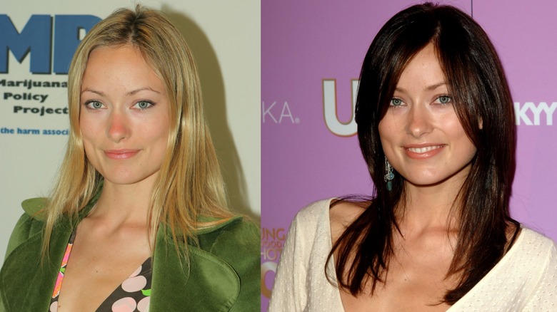 Imagen dividida de Olivia Wilde como rubia a la izquierda y morena a la derecha.