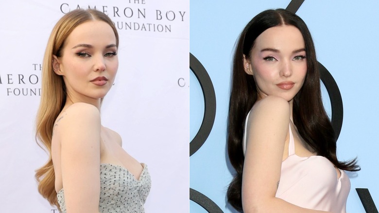 Imagen dividida de Dove Cameron como rubia a la izquierda y morena a la derecha.