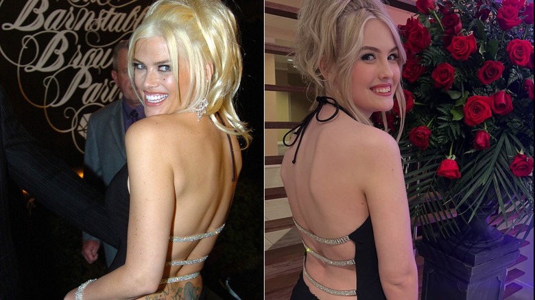 Las fotos, una al lado de la otra, muestran a Anna Nicole Smith y su hija Dannielynn Birkhead haciendo la misma pose mientras usan el mismo vestido negro.