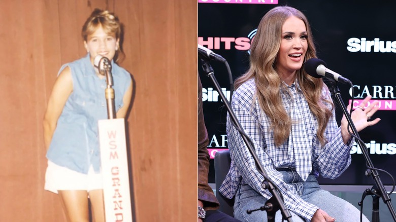Imagen dividida de la joven Carrie Underwood en el Grand Ole Opry a la izquierda y hablando por un micrófono a la derecha.