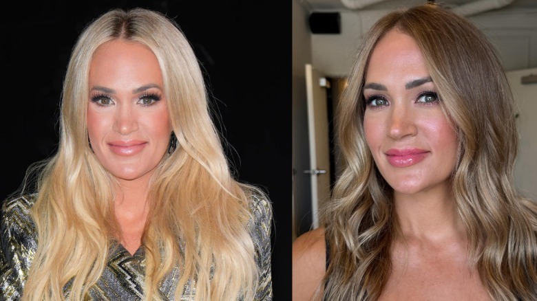 Carrie Underwood con cabello rubio y con su cabello natural que es más bien castaño.