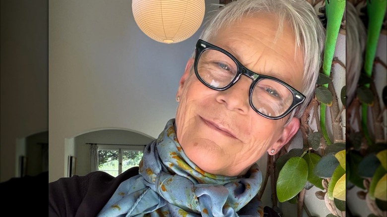 Jamie Lee Curtis inclina la cabeza hacia un lado mientras usa gafas y un pañuelo azul en una selfie.