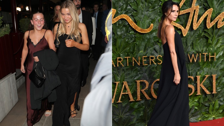 Imagen dividida de Harper Beckham con un vestido negro a la izquierda y Victoria Beckham en un evento de alfombra roja con un vestido negro a la derecha.
