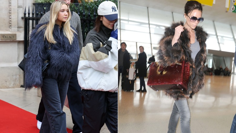Imagen dividida de Harper Beckham con un abrigo de piel azul a la izquierda y Victoria Beckham con un abrigo de piel marrón a la derecha.