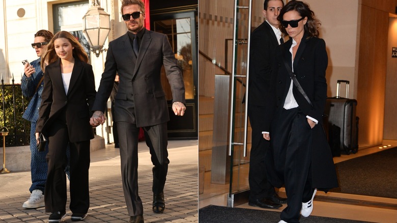 Imagen dividida de Harper Beckham con una chaqueta y pantalones negros a la izquierda y Victoria Beckham vestida completamente de negro a la derecha.