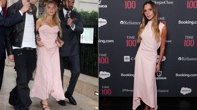 Imagen dividida de Harper Beckham con un vestido rosa sin tirantes a la izquierda y Victoria Beckham con un vestido largo rosa a la derecha.