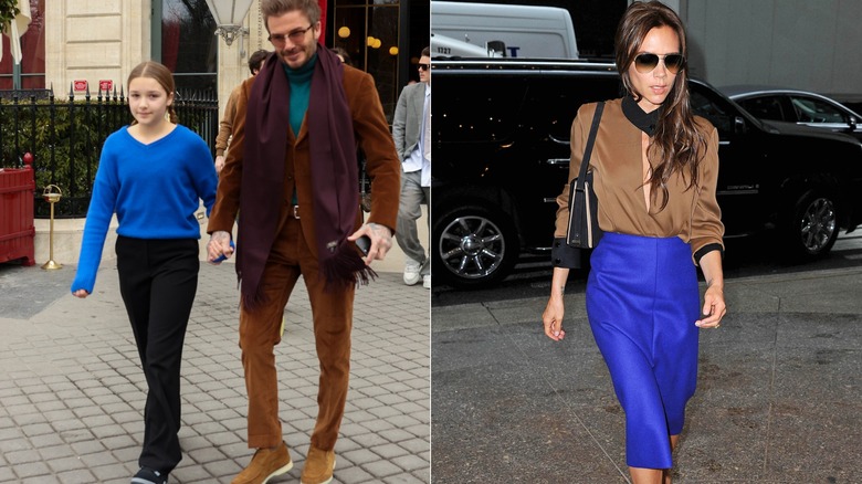 Imagen dividida de Harper Beckham con pantalones negros con un suéter azul brillante a la izquierda y Victoria Beckham con un top marrón y una falda azul a la derecha.
