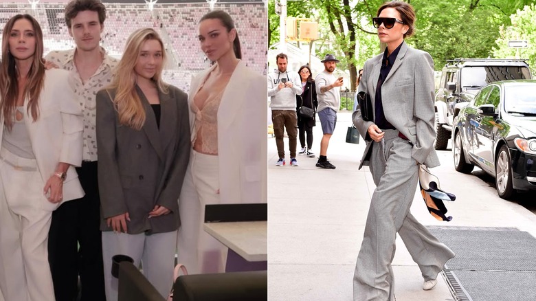 Imagen dividida de Harper Beckham con una chaqueta gris de gran tamaño a la izquierda y Victoria Beckham con un traje completamente gris a la derecha.