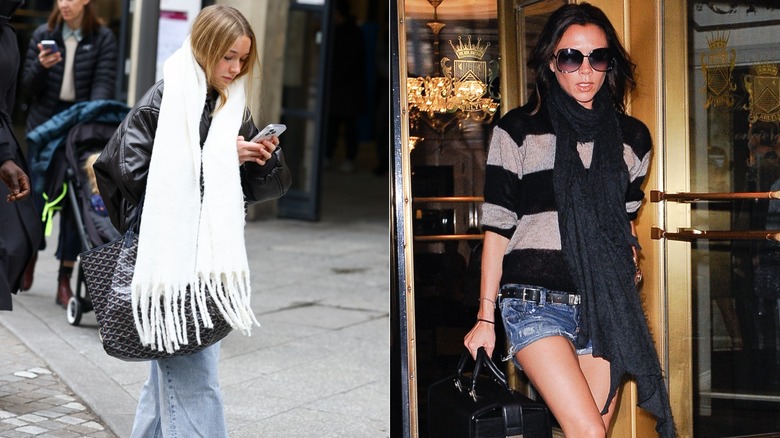 Imagen dividida de Harper Beckham con una gran bufanda blanca a la izquierda y Victoria Beckham con una bufanda negra y un suéter a rayas a la derecha.