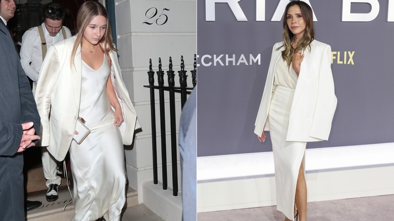 Imagen dividida de Harper Beckham con un vestido y una chaqueta de seda blancos a la izquierda y Victoria Beckham vestida completamente de blanco en un evento de alfombra roja a la derecha.