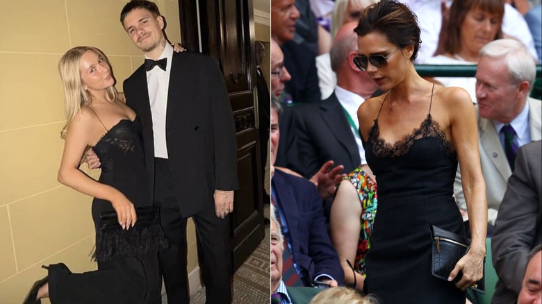 Imagen dividida de Harper Beckham con un vestido formal negro con la pierna levantada a la izquierda y Victoria Beckham con un vestido negro de encaje y gafas de sol a la derecha.