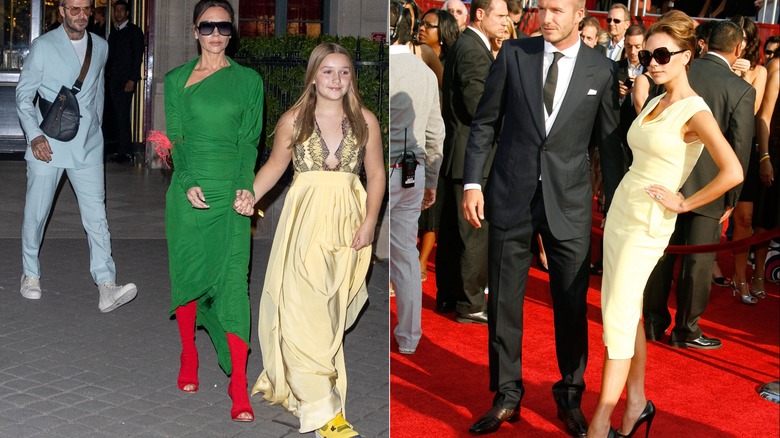 Imagen dividida de Harper Beckham con un vestido amarillo con Victoria Beckham con un vestido verde a la izquierda y Victoria Beckham con un vestido amarillo con David Beckham a la derecha.