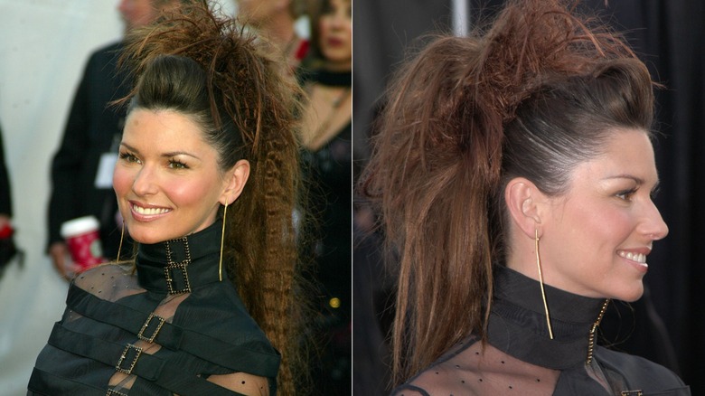 Shania Twain luce un recogido estilo mohawk moreno y rizado con piezas rizadas en la parte posterior