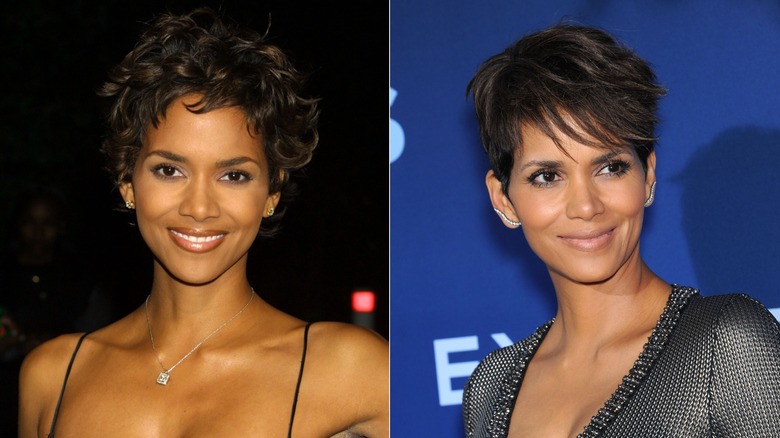 Imagen dividida de Halle Berry con cabello corto y rizado y un delicado collar a la izquierda, y con cabello corto y liso y una blusa brillante a la derecha.