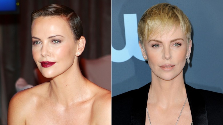 Imagen dividida de Charlize Theron con cabello castaño corto y labio rojo a la izquierda, y con un corte de duendecillo rubio a la derecha.