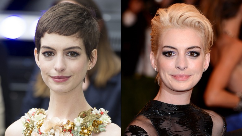Imagen dividida de Anne Hathaway con cabello castaño corto y cuello adornado a la izquierda, y con cabello rubio corto y un traje negro a la derecha.