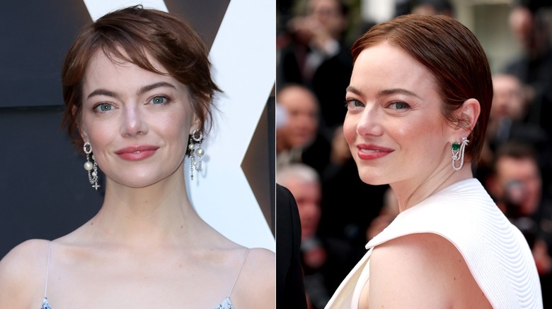 Imagen dividida de Emma Stone con un corte de duendecillo corto y aretes llamativos a la izquierda y con cabello corto y elegante y un atuendo blanco a la derecha.