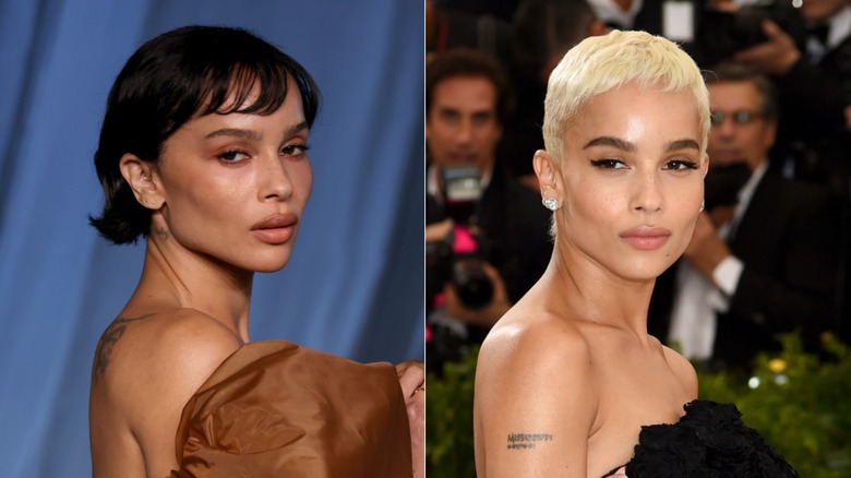 Imagen dividida de Zoë Kravitz con cabello negro corto y flequillo tenue a la izquierda, y con un corte de duendecillo rubio recortado a la derecha.