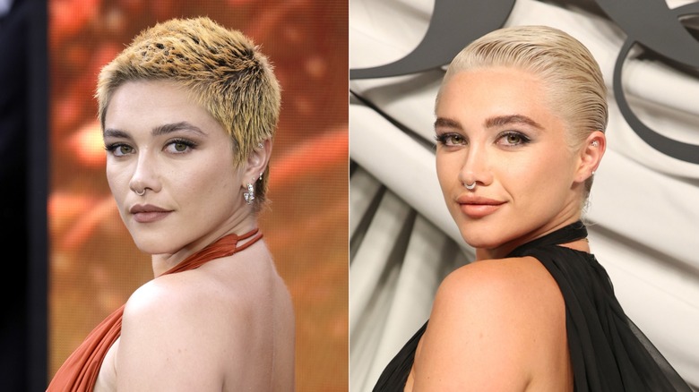 Imagen dividida de Florence Pugh con un corte rubio más largo a la izquierda y con cabello rubio corto peinado hacia atrás a la derecha.