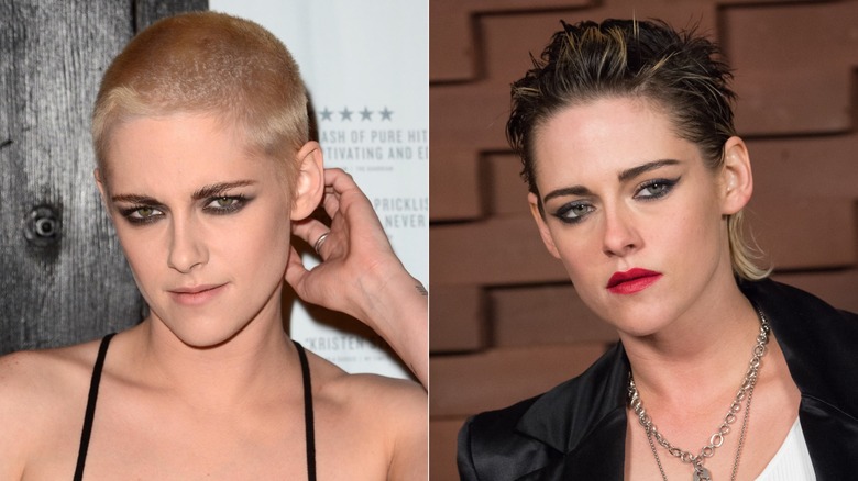 Imagen dividida de Kristen Stewart con un corte rubio a la izquierda y con un salmonete marrón entrecortado y labio rojo a la derecha.
