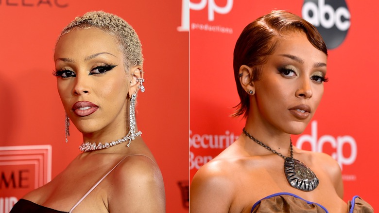 Imagen dividida de Doja Cat con rizos rubios muy cortos a la izquierda y con elegantes ondas rojas en los dedos a la derecha.