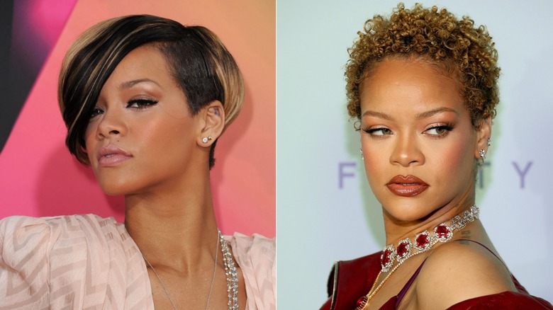 Imagen dividida de Rihanna con un corte bob corto asimétrico y un traje rosa a la izquierda, y con cabello corto y rubio y rizado a la derecha.