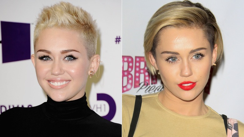 Imagen dividida de Miley Cyrus con cabello rubio corto y puntiagudo a la izquierda y con un atajo elegante y labio rojo a la derecha.