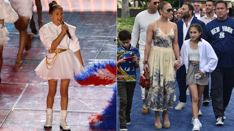 Imagen dividida de Emme Muñiz cantando y vistiendo un traje blanco a la izquierda y con su madre y su hermano a la derecha.