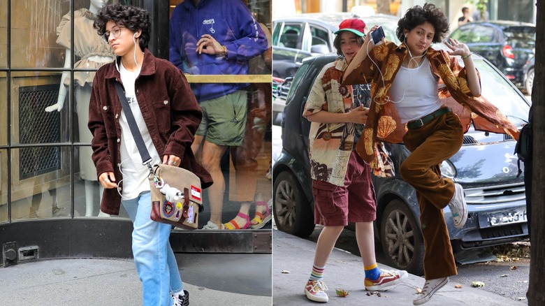Imagen dividida de Emme Muñiz vistiendo ropa holgada y una bolsa lateral para cadáveres a la derecha, y posando con pantalones marrones y una camiseta sin mangas blanca a la derecha.