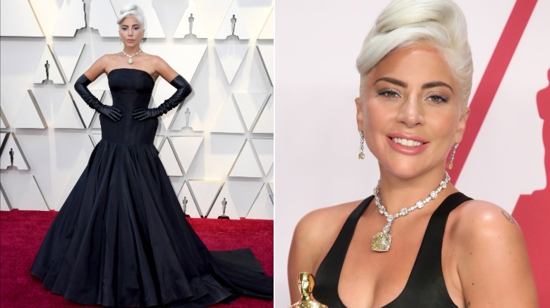Dos imágenes de Lady Gaga en los Oscar 2019. Una imagen muestra su vestido completo.