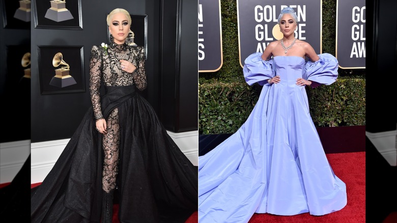 Imagen dividida de Lady Gaga en los Premios Grammy 2018 con un vestido de encaje negro a la izquierda y en los Premios Globo de Oro 2019 con un vestido bígaro a la derecha.