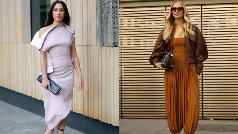 Una mujer con un vestido drapeado de color lila pálido y otra con un mono de terracota.