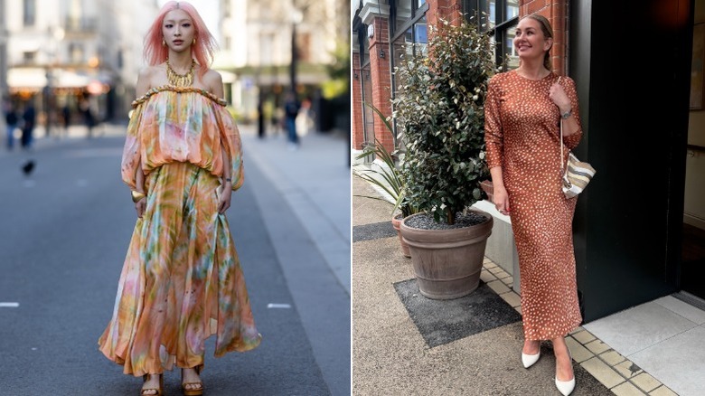 Una mujer con un estampado floral abstracto y otra con un estampado de cervatillo.