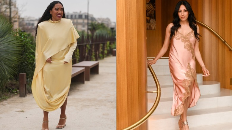 Una mujer con un vestido amarillo y otra con un vestido rosa suave.