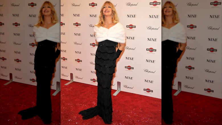 Goldie Hawn posando en un evento de alfombra roja en 2009 con un vestido formal negro con una estola de piel blanca.