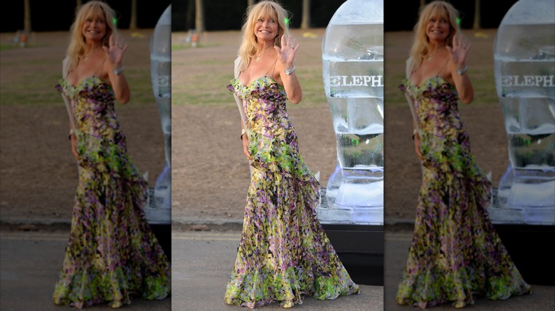 Goldie Hawn saludando afuera con un vestido colorido y fluido.