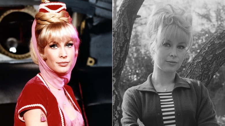 Barbara Eden posando como Jeannie en el set y en casa en 1965