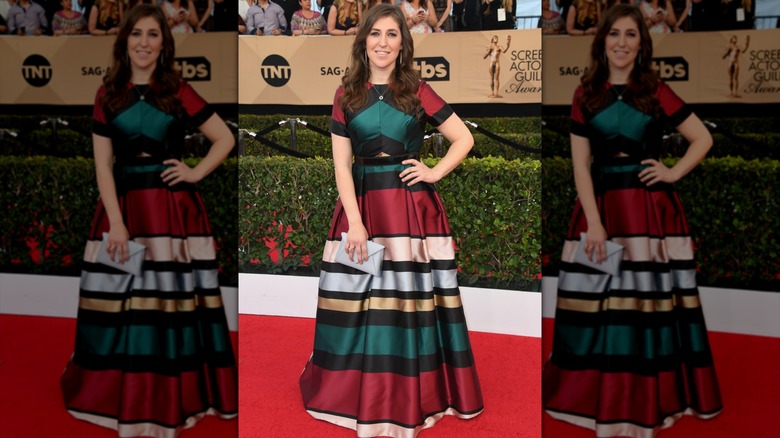 Mayim Bialik con vestido colorido en los premios SAG