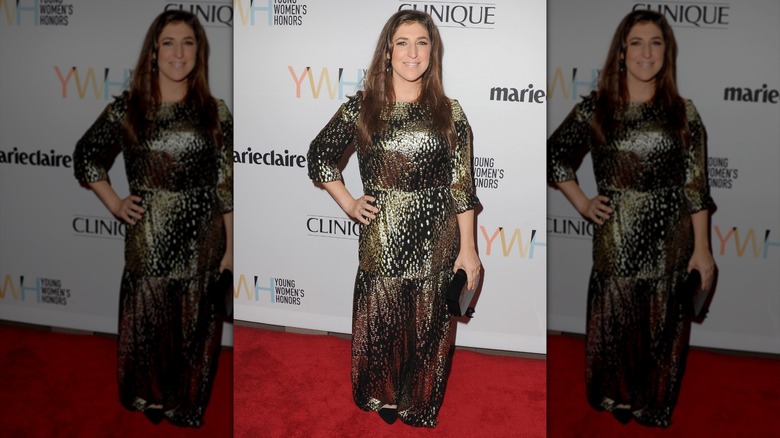 Mayim Bialik posando con un vestido metalizado