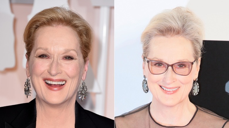 Imagen dividida de Meryl Streep sonriendo con cabello rubio miel a la izquierda y sonriendo con cabello blanco grisáceo a la derecha.