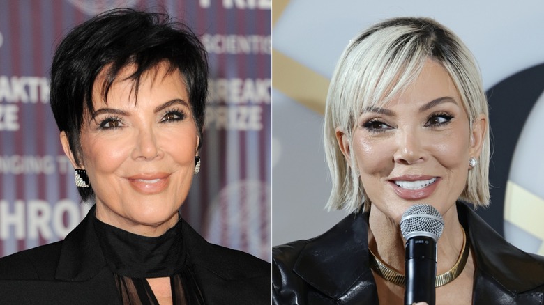Imagen dividida de Kris Jenner sonriendo vestida completamente de negro y con un corte de duendecillo a la izquierda y con una melena corta y rubia mientras sostiene un micrófono a la derecha.